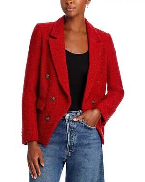 Aqua Red Tweed Double Breasted Blazer Large Wool Coat Metallic Preppy Chic